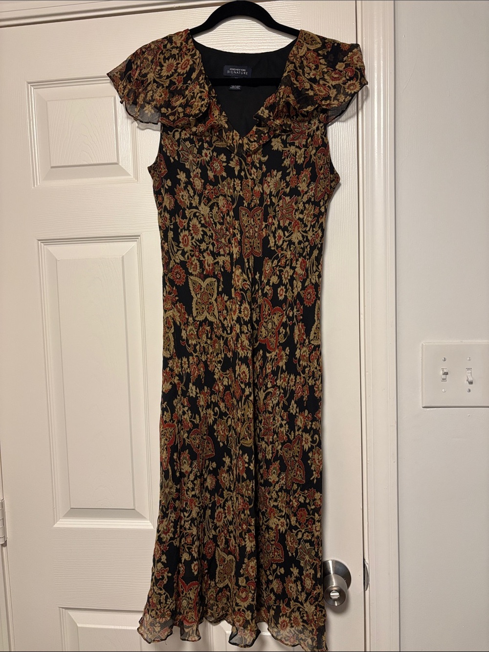 Jones New York Black Floral Paisley Midi Dress with Rust and Olive Accents